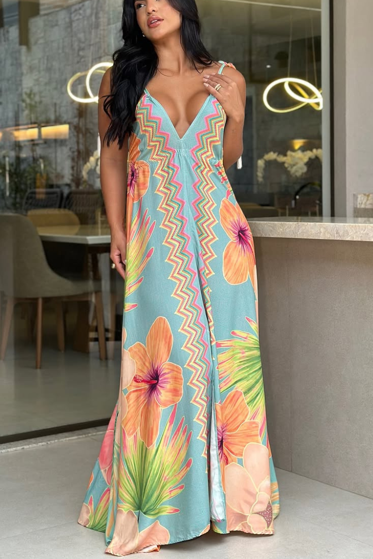 At Beachside Floral Print Halter Tassle Backless A-line Maxi Dress