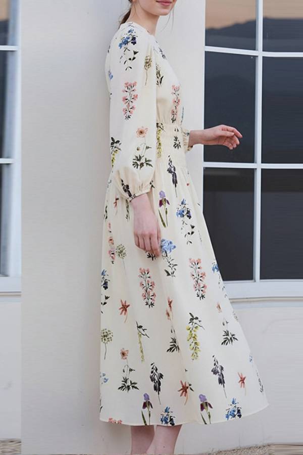 French Round Neck Puff Sleeve Floral Smocked Waist Midi Dress
