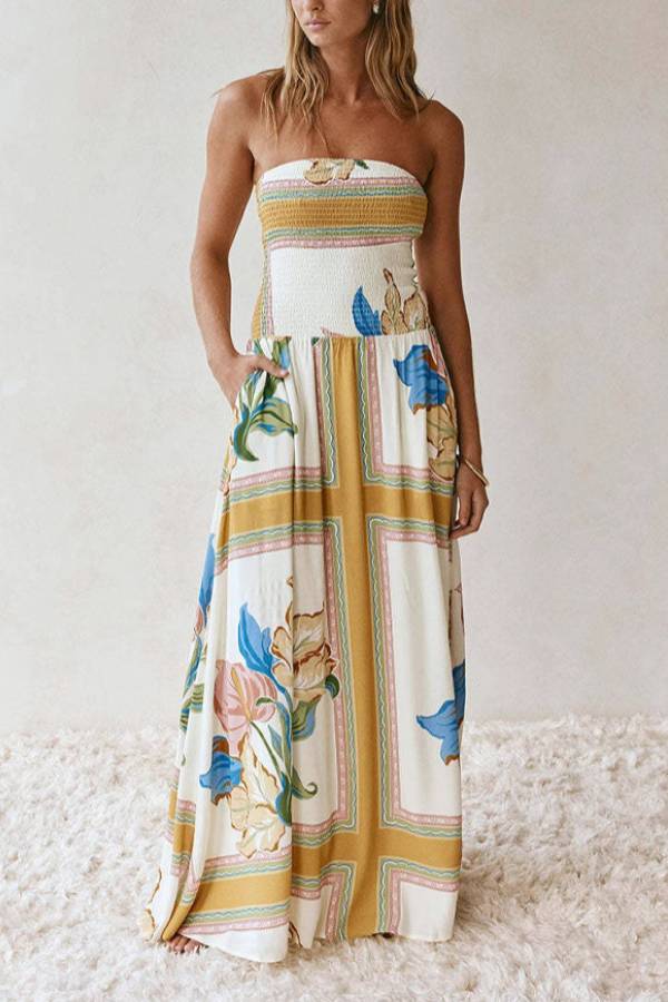 Vintage Floral Print Strapless Maxi Dress