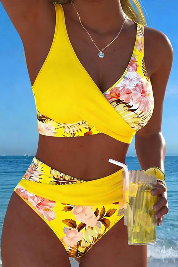 Tropical Floral Print Wrap-Front High-Waisted Bikini Set