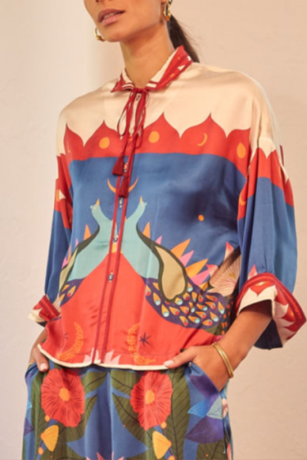Spread Collar Kimono-Style Sleeves Top MultiColor
