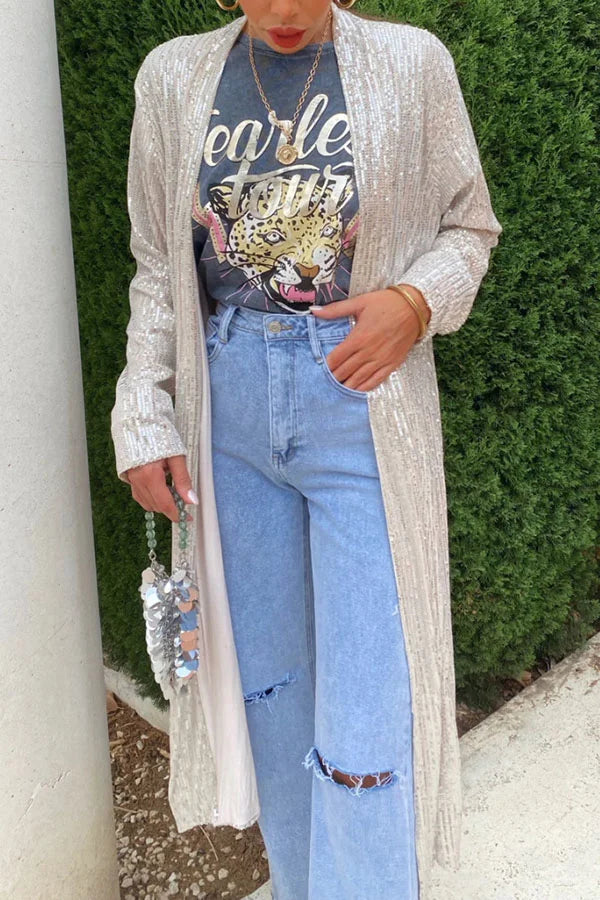 Shine Bright Sequin Long Sleeve Open Front Drape Midi Kimono Silver