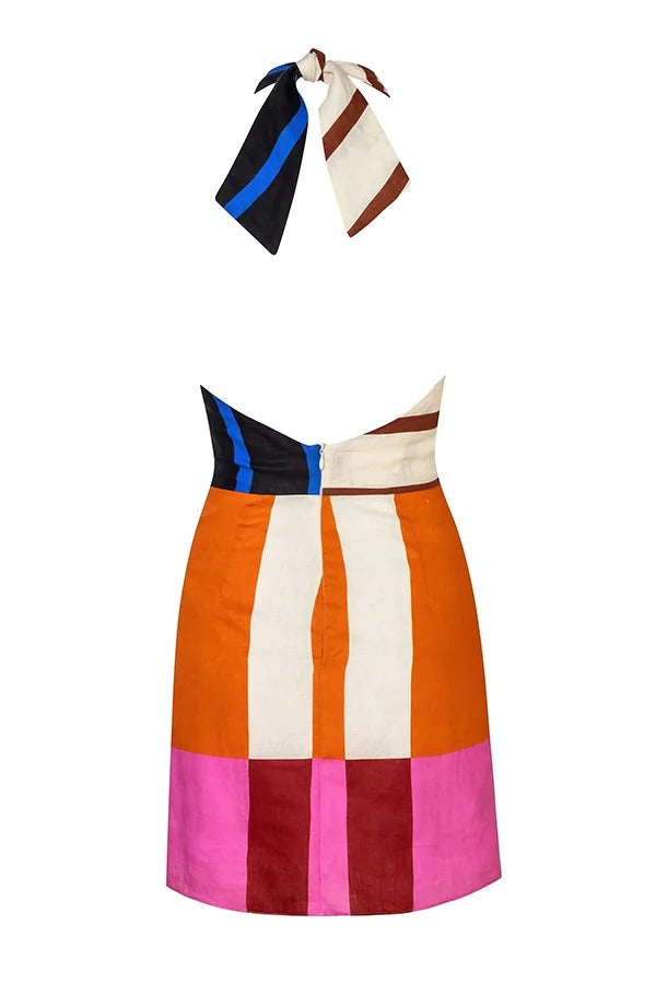 Jeniah Linen Blend Color Block Print Cross Halter Tie-up Loose Mini Dress
