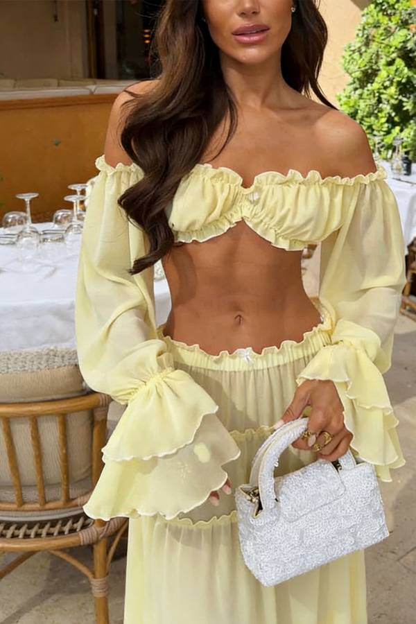 Gentle Sunshine Off Shoulder Long Bell Sleeve Crop Top and Elastic Waist Layered Cover-up Maxi Skirt Set