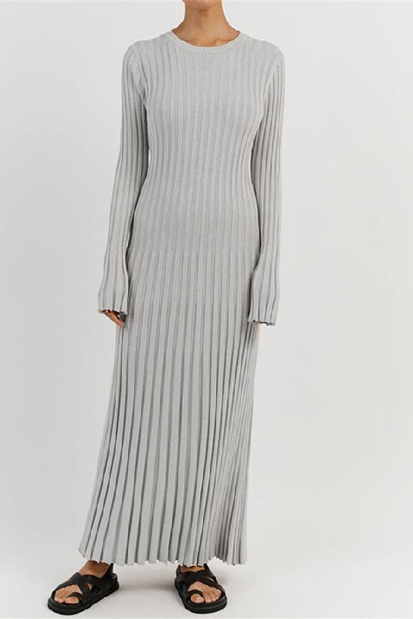 Big Pit Stripe Slimming Long sleeve Long Dress Ivory