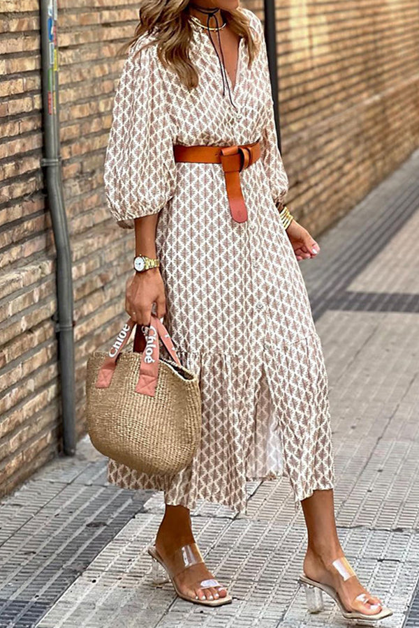 Fashion belt print V-neck simple temperament long dress