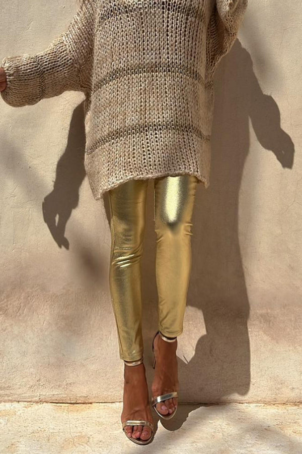 Sweet and Glitzy Metallic Color Pocket Faux Leather Stretch Pants Gold