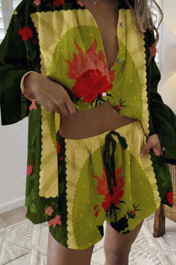 Digital Printing Fashion Women's Loose Printing Long Sleeve Shirt + Shorts Set CZ1727