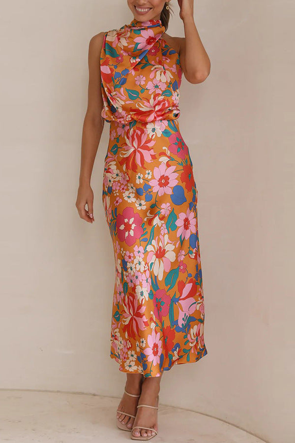 Love In The Garden Floral Halter Neck Elastic Waist Maxi Dress Orange