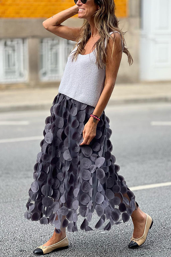 Three-dimensional polka-dot yarn high-waisted versatile retro a-line skirt with wide hem Navy blue