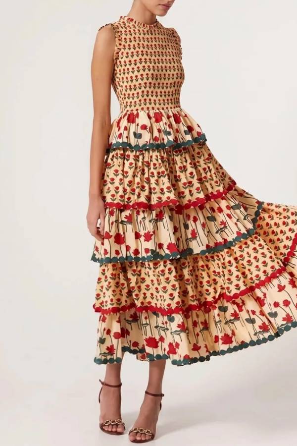 Pleated Deign Printed Maxi Dress