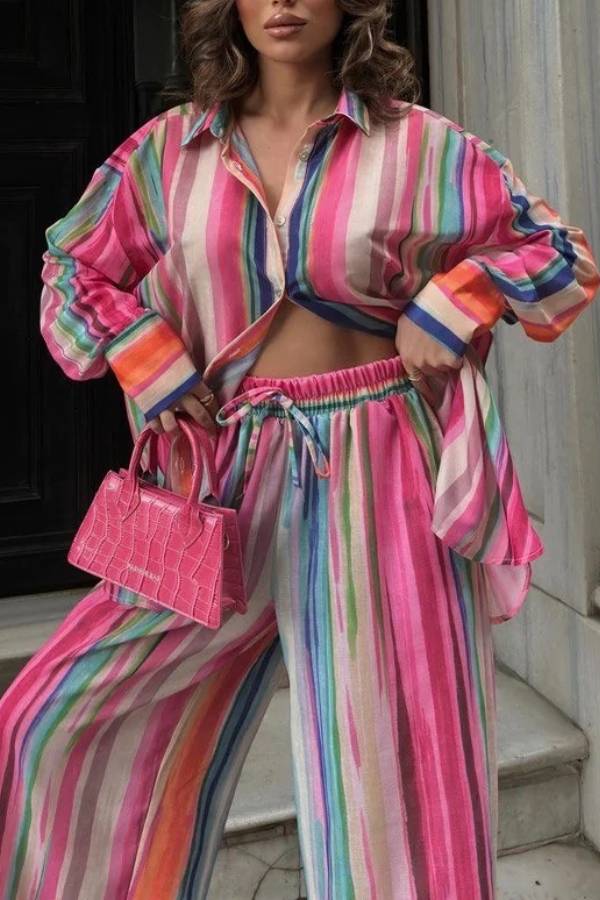 Colorful Stripe Loose Shirt & Wide‑Leg Pants Two‑Piece Set