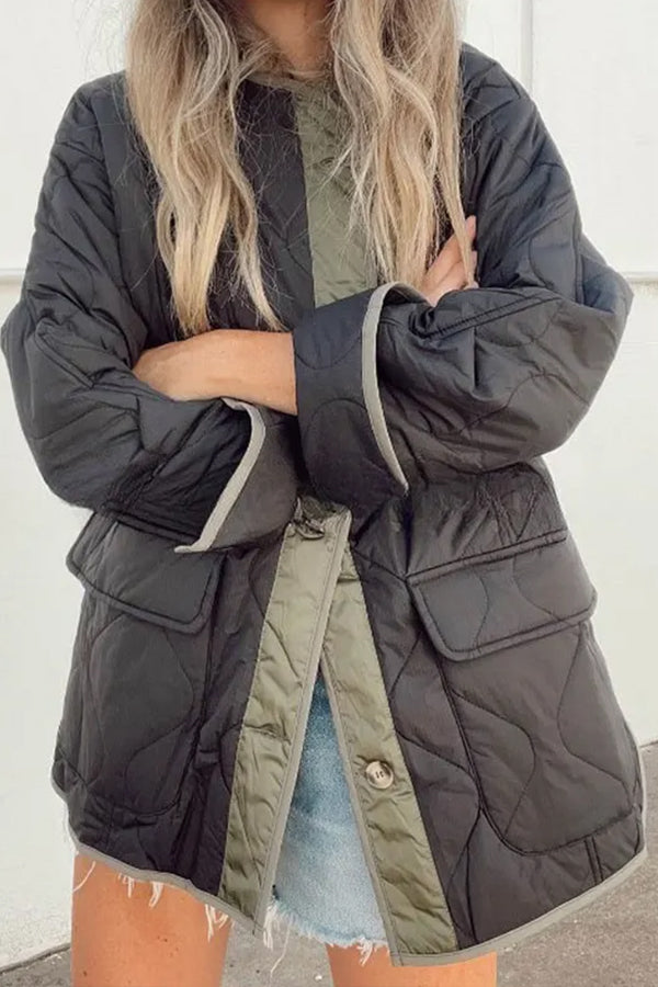 Women's Loose Cotton Jacket Color Block Pocket Casual Jacket Black