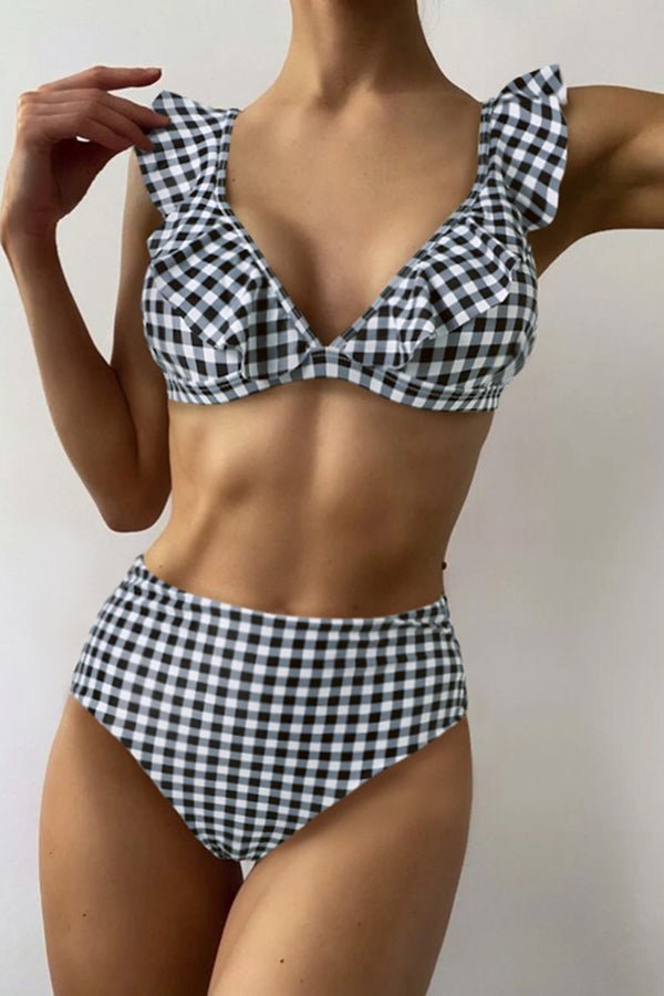 Ruffled Check High-Rise Bikini Black