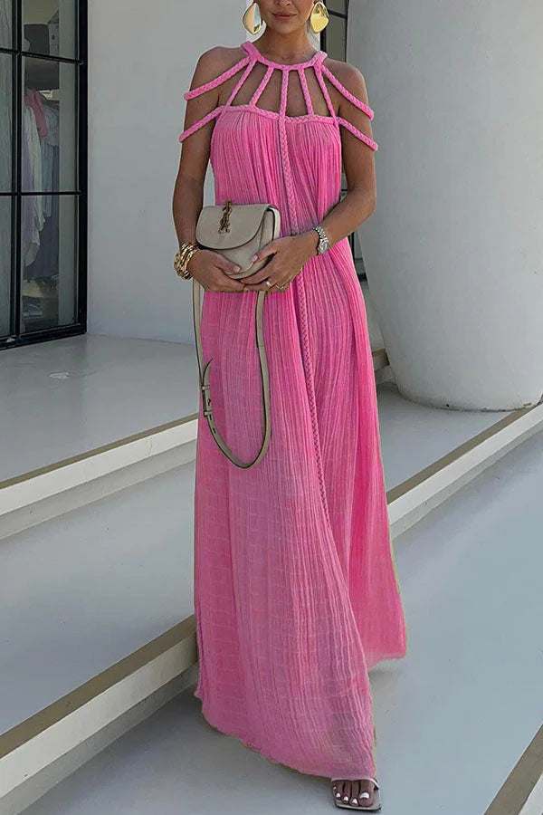Modern and Sophisticated Linen Blend Draped Braids Cover Up Maxi Dress Pink