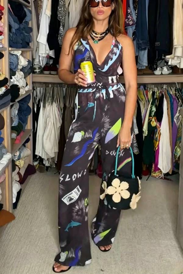 Street-style Print Cowl Neck Halter Tank and Elastic Waist Side Stripes Loose Pants Set