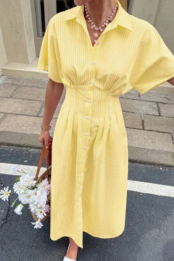 Striped Lapel Batwing Sleeve Waisted Shirt Midi Dress