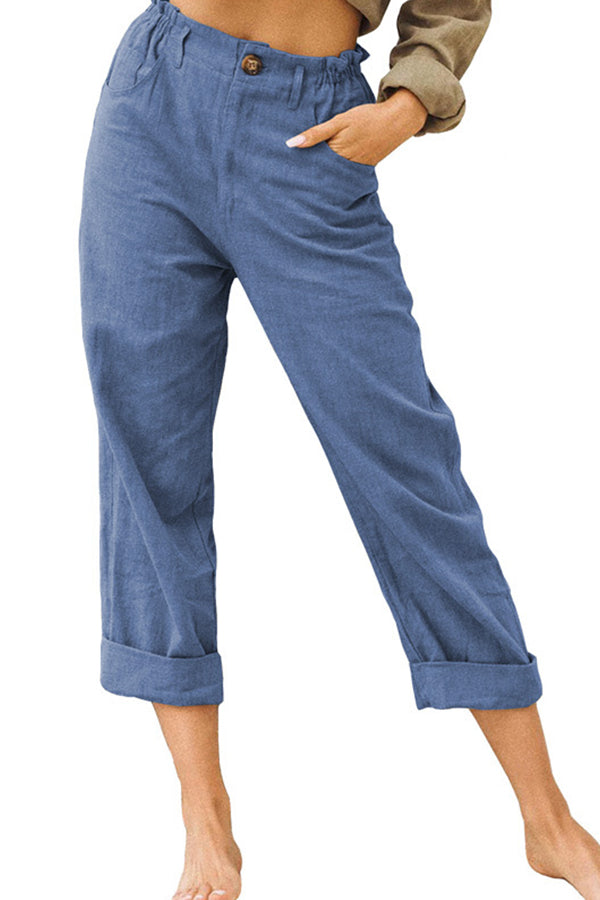 Solid color cotton and linen fashionable loose high waist casual pants Blue