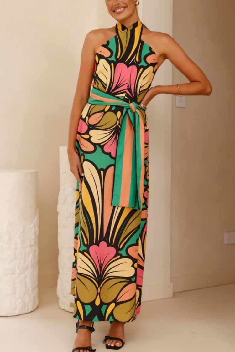 Unique Print Halter Neck Tie Backless Holiday Maxi Dress