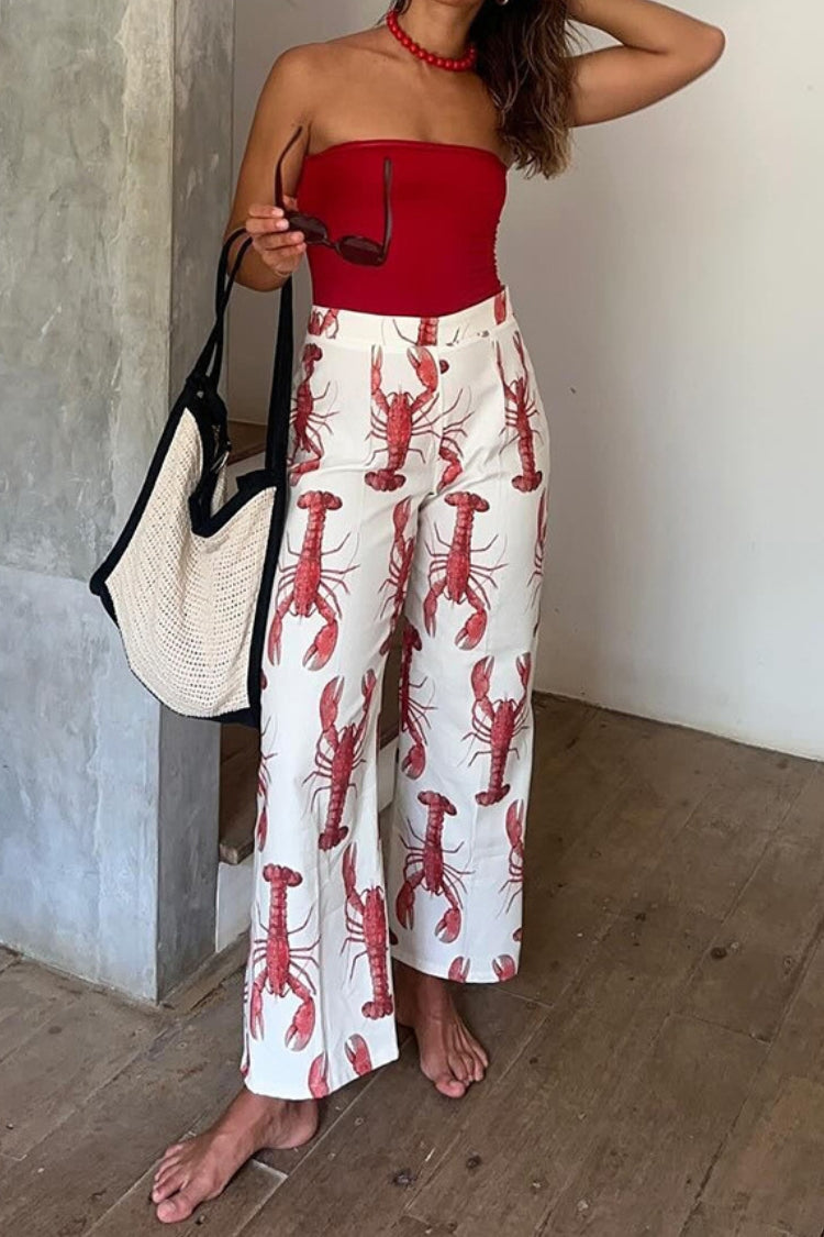 Fun Vacation Lobster Print High Rise Straight Pants White