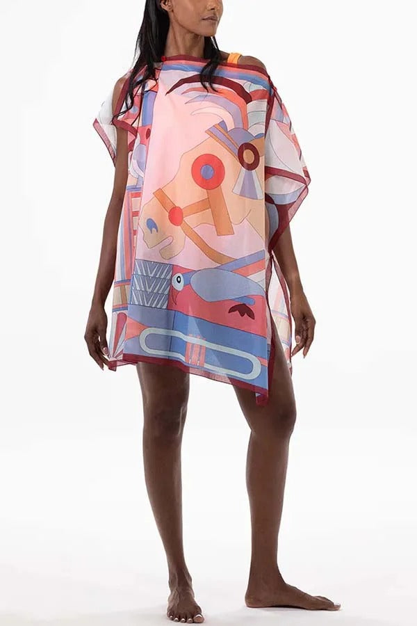 Horse Island – Lockeres Minikleid aus Tüll mit einzigartigem Print und One-Shoulder-Träger und Knopfdetail