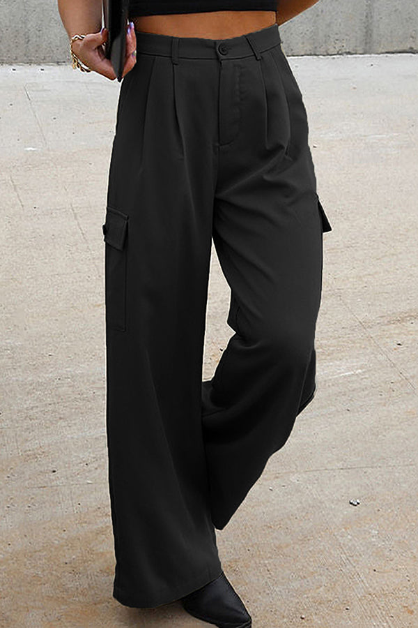 Solid color fashion loose high waist all-match overalls Black