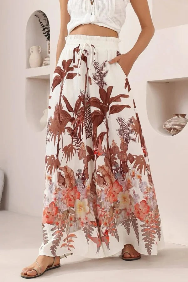 Leaf Print Casual Elastic Waist Pocket Loose Wide-leg Pants