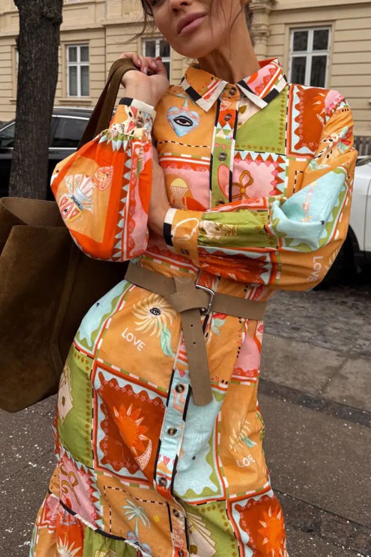 Linen Blend Unique Printed Long Sleeve Lapel Tie-waist Midi Dress