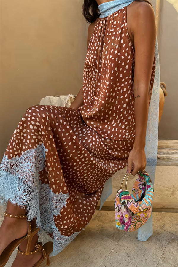 High Waist Straight Lace Trim Polka Dot Maxi Skirt