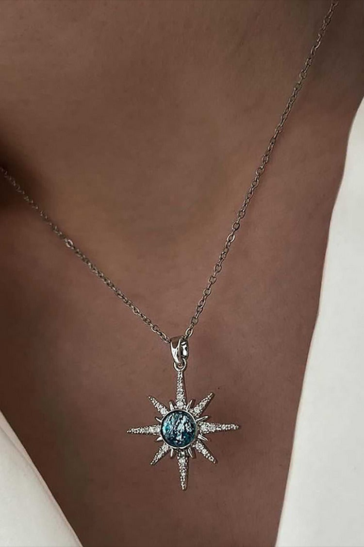 Fashionable Rhinestone Decor Geometric Star Pendant Alloy Necklace Silver one size