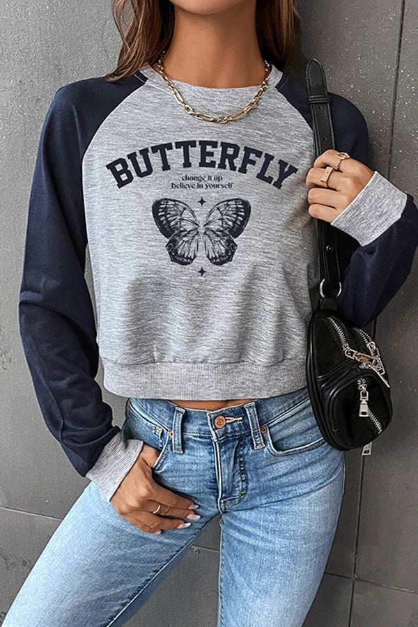 Raglan sleeve color block short women's round neck pullover sweater gray blue