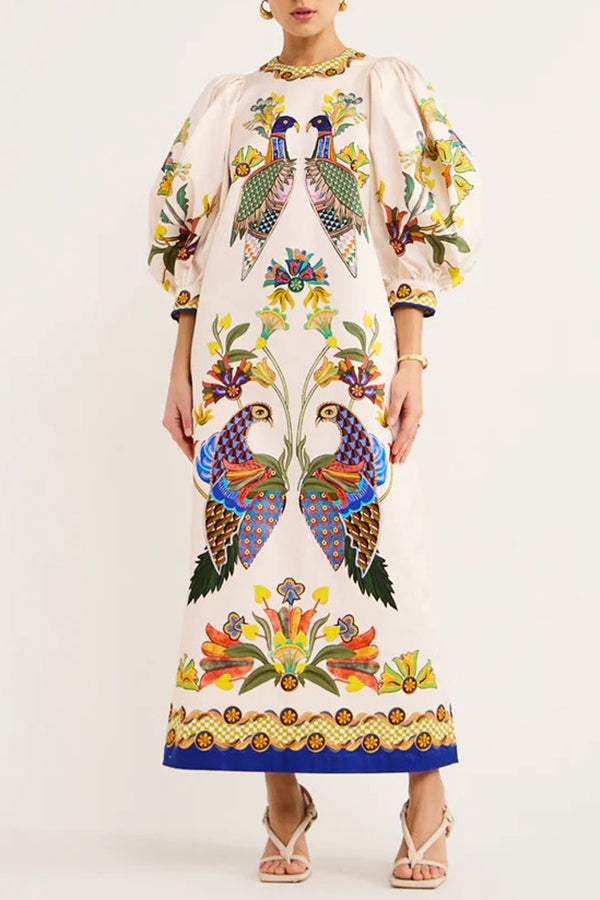 Garden Party Unique Heaven Bird Print Puff Sleeve Pocketed Loose Midi Dress Multicolor