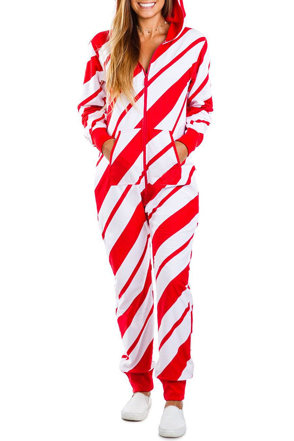 Christmas Print Zipper Pocketed Hooded Loungewear Jumpsuit 2