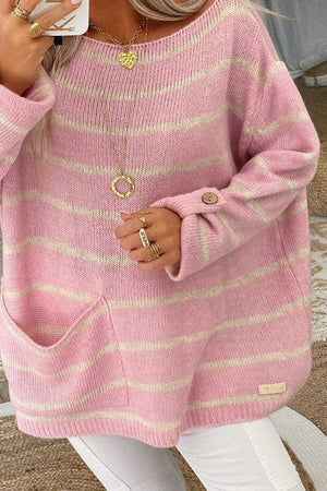 Solid Color Contrast Stripe Pullover Round Neck Loose Sweater Pink