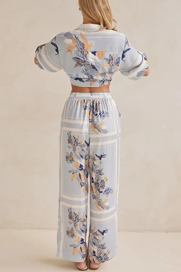 Fashionable Plant Print Loose Lapel Short Sleeve Shirt and Casual Elastic Waist Pocket Pants Set