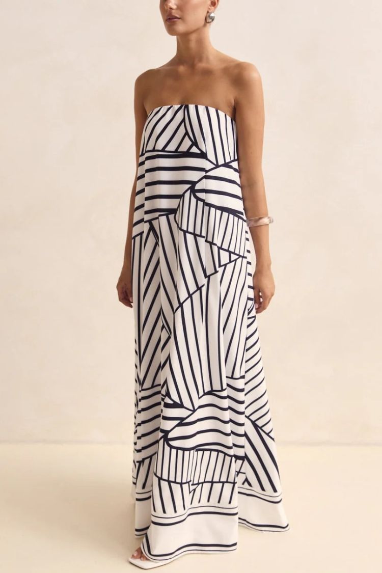 Unique Print Sexy Tube Top Back Zipper Loose Maxi Dress
