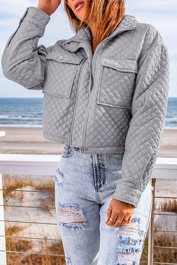 Gray Quilted Pocketed Zip Up Cropped Jacket Grey