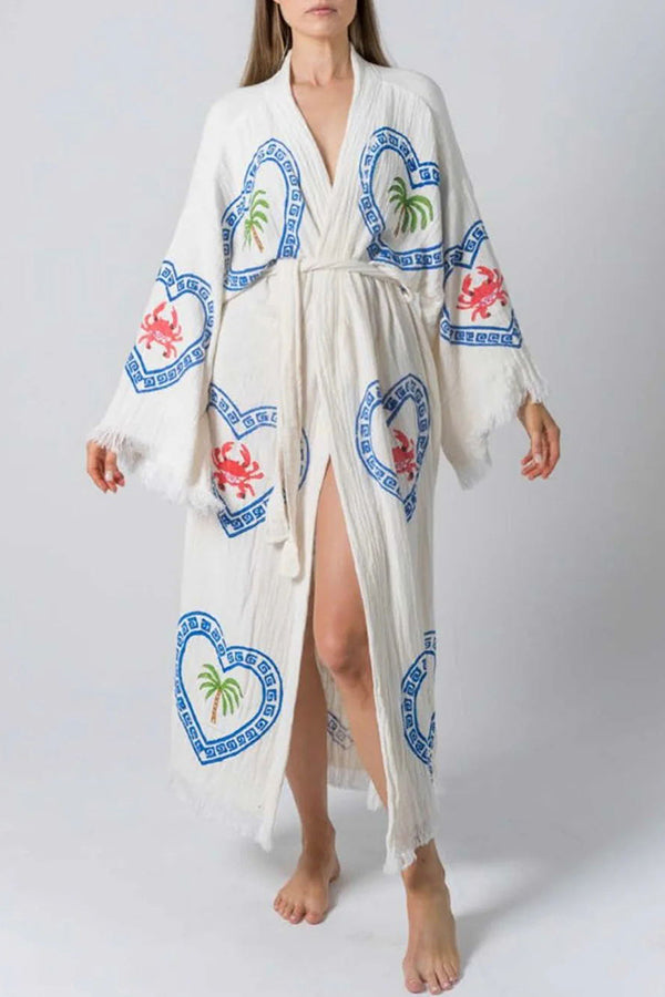 Linen Blend Unique Print Belt Swimwear / Lounge Cover-up Robe White ONE-SIZE