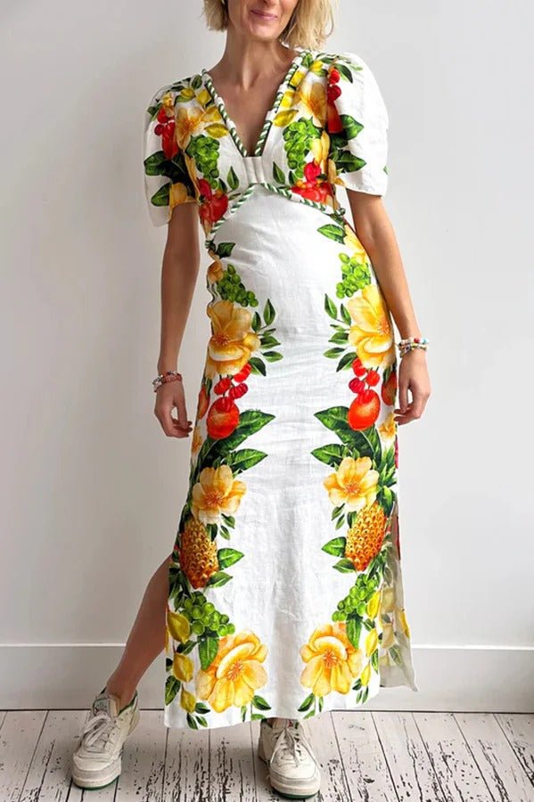 Picnic Flowers Linen Blend Floral Print Puff Sleeve Braided Rope Trim Maxi Dress Yellow