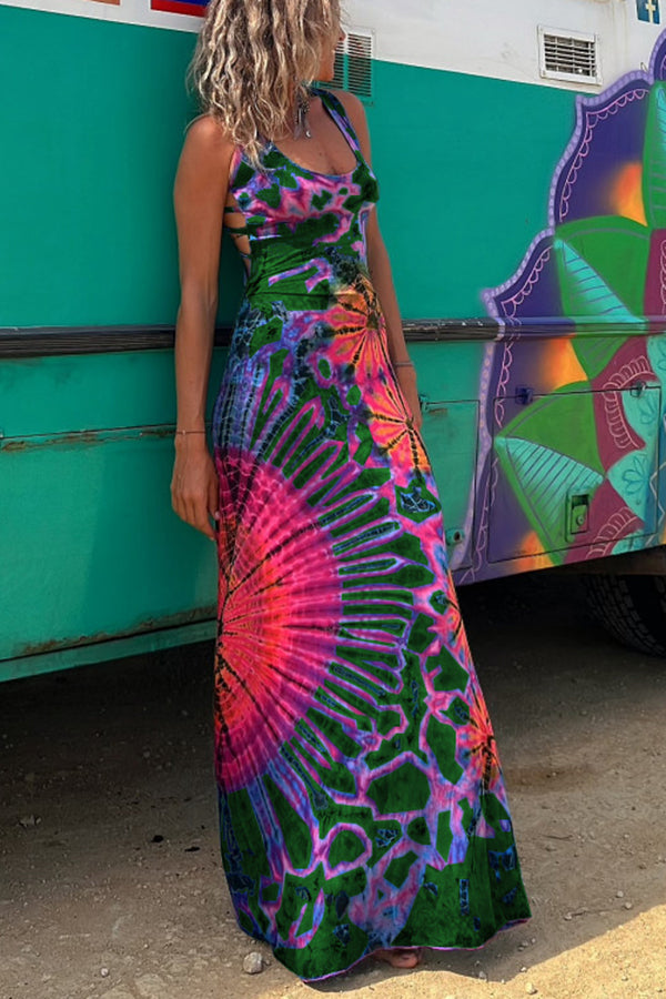 La Bamba Tie-dye Print Back Lace-up Stretch Maxi Dress Green