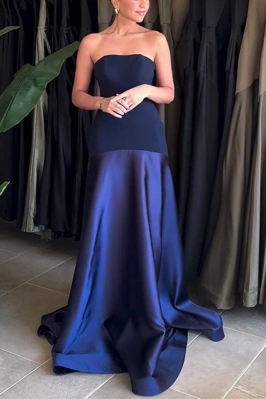 Timeless Elegance Satin Patchwork Strapless Flare Gown Maxi Dress Blue