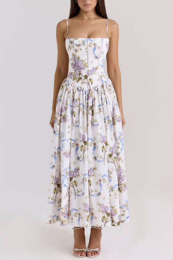 Spaghetti Strap Corset Floral Midi Dress