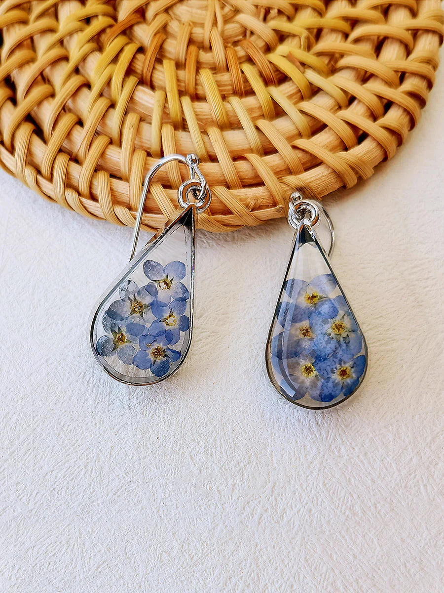 Pressed Flower Earrings - Water Drop Forget Me Not Flower one size