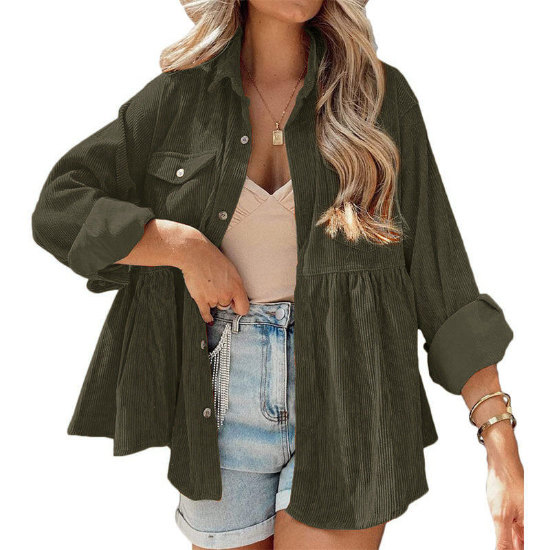 women's long sleeve corduroy ruffled shirt top button down shirt Green