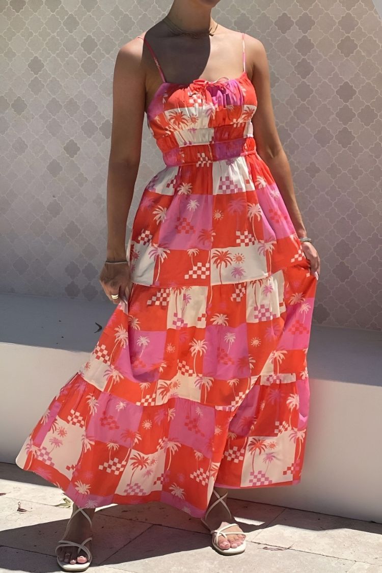 Resort Style Printed Suspender Pleated Loose Maxi Dress Pink