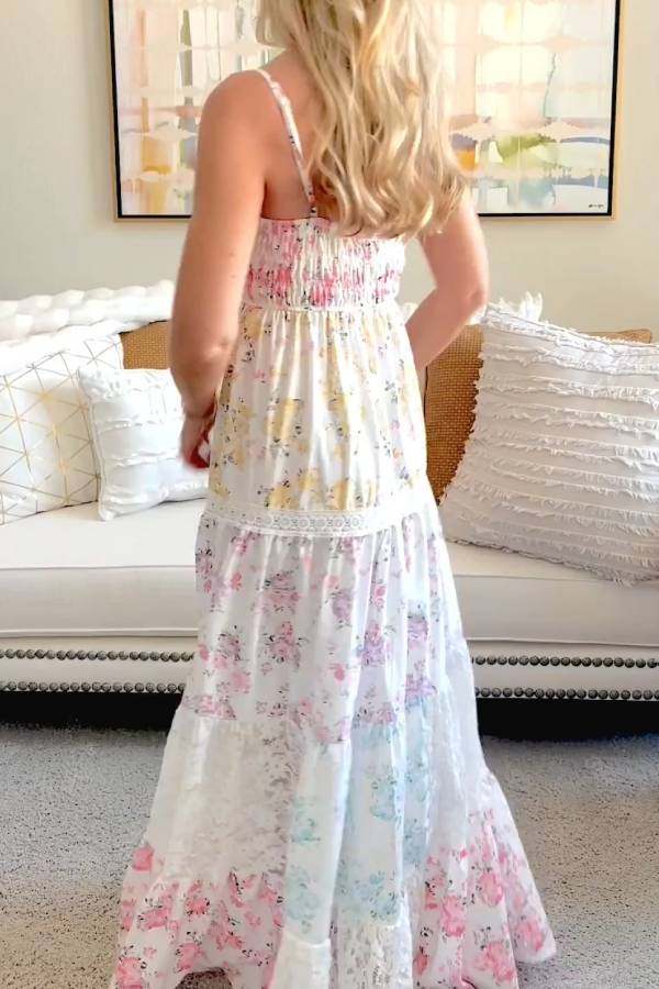 Delicate Floral Lace Panel Cami Shirred Maxi Dress for Seaside Vacations & Romantic Getaways