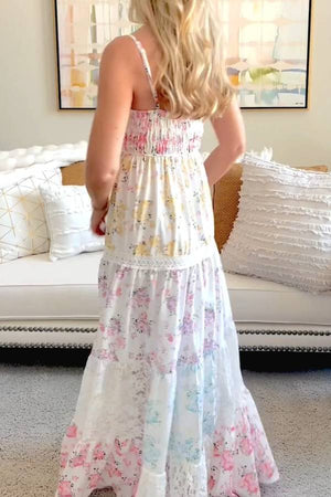 Delicate Floral Lace Panel Cami Shirred Maxi Dress for Seaside Vacations & Romantic Getaways