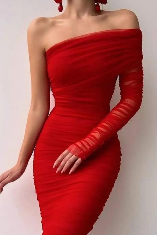 Ricoh Zippered Mesh Paneled Bias Neck Midi Dress Red