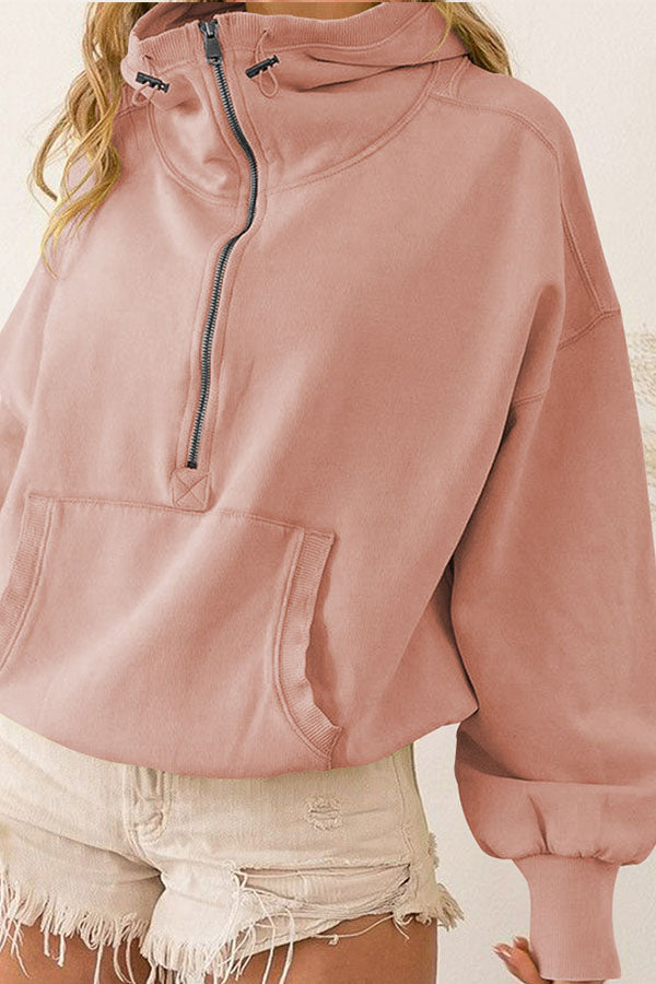 Zip Drawstring Long Sleeve Hoodie Pink