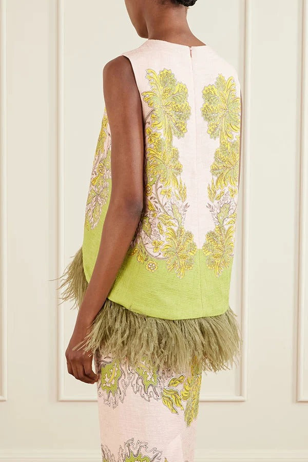 Unique Botanical Print Feather Trim Sleeveless Top and High Rise Slit Midi Skirt Set